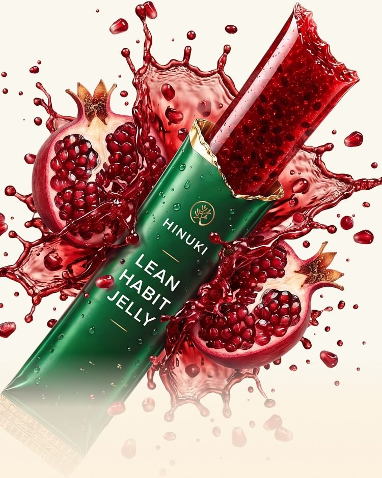 Hinuki granaatappel-jelly stick vastgehouden boven een veld met verse granaatappel